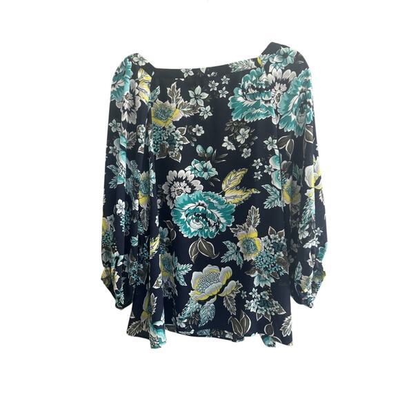 LOFT Blouse Top Large Navy Teal Yellow Floral Paisley Lightweight Casual #5412 - Picture 6 of 11